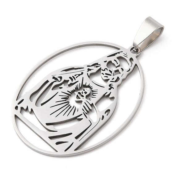 201 Stainless Steel Pendants Oval with Saint Charm Laser Cut Stainless Steel color 39.5x28.5x1.5mm Hole: 8x4mm