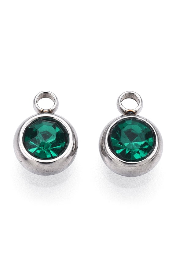 201 Stainless Steel Rhinestone Charms Flat Round Emerald 8.5x6x3mm Hole: 1.5mm
