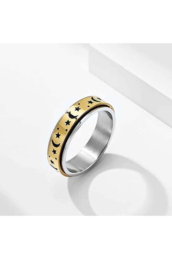 201 Stainless Steel Rotatable Finger Rings Moon & Star Spinner Fidget Band Anxiety Stress Relief Ring for Women Golden Size 8(18.1mm)