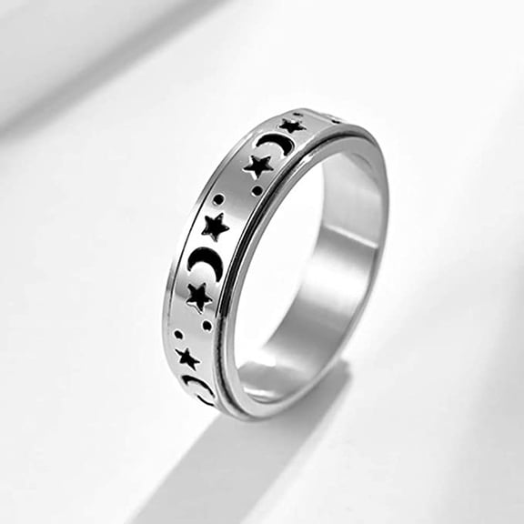 201 Stainless Steel Rotatable Finger Rings Moon Star Spinner Fidget Band Anxiety Stress Relief Ring for Women Stainless Steel Color US Size 9(18.9mm)