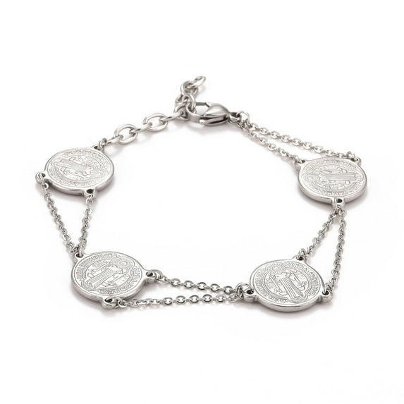 201 Stainless Steel Saint Benedict Link Bracelet for Men Women 304 Stainless Steel Clasps Stainless Steel color 7-7/8 inch(20.1cm)