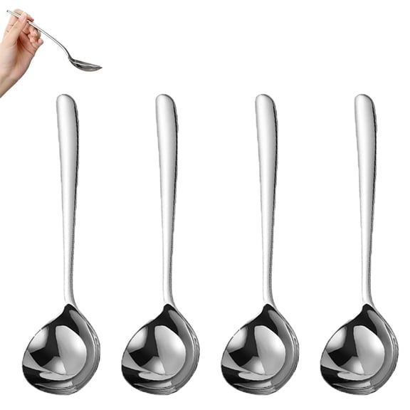 201 Stainless Steel Soup Spoons with Long Handles for Home Kitchen Restaurant, Silver 4 Pack