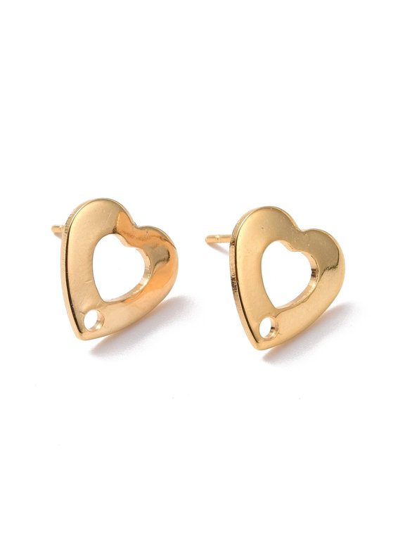 201 Stainless Steel Stud Earring Findings with Hole and 316 Stainless Steel Pin Heart Real 24K golden Plated 11x11mm Hole: 1.6mm Pin: 0.7mm