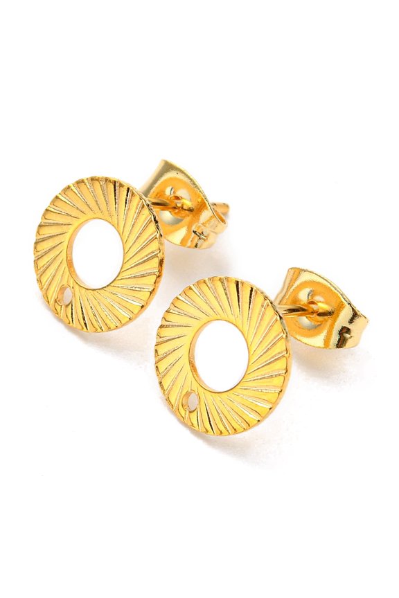 201 Stainless Steel Stud Earrings Finding with 304 Stainless Steel Pins Donut Real 24K golden Plated 10mm Hole: 1mm Pin: 0.8mm