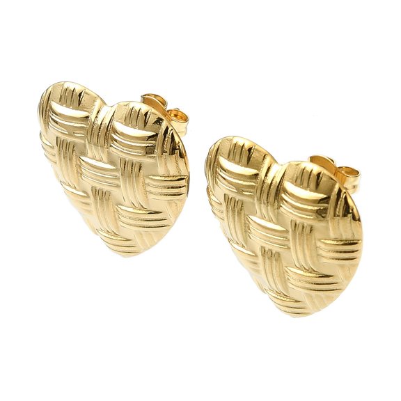 201 Stainless Steel Stud Earrings with 304 Stainless Steel Pins Textured Heart Real 18K golden Plated 19x20mm