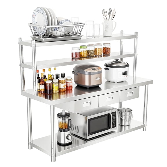 201 Stainless Steel Workstation, Silver Thickened Panel Prep Table, Multi Shelf Kitchen Station with 3 Drawers for Catering Shop Home Kitchen