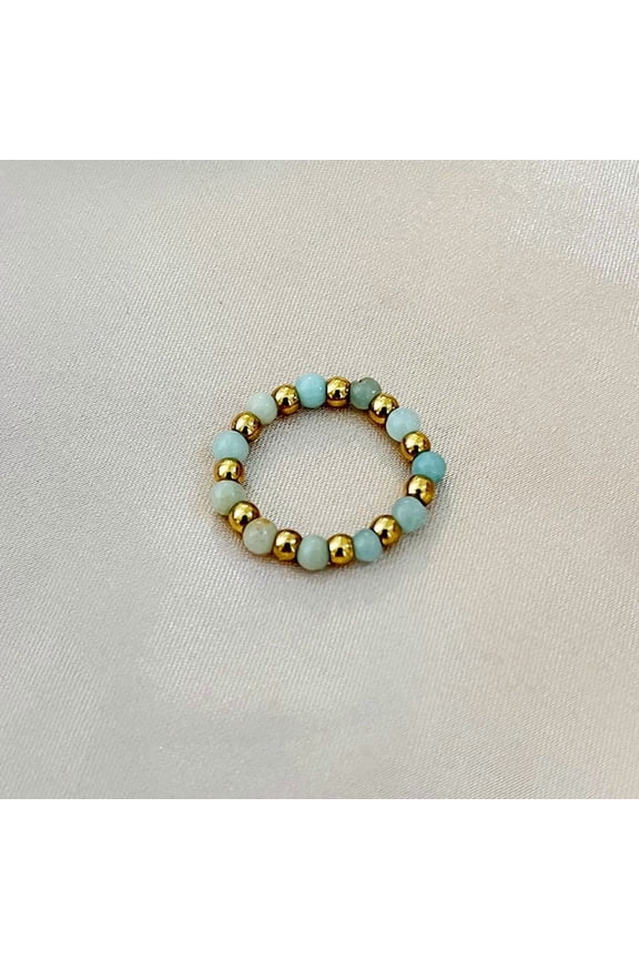 201 Stainless Steel with Natural Flower Amazonite Round Beaded Stretch Finger Rings Golden Inner Diameter: 17mm Flower Amazonite