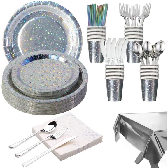 201-piece disposable party tableware set with paper plates, cups, napkins, straws, tablecloths, plastic knives, forks and spoons for a variety of party occasions for up to 25 people (Silver Star)