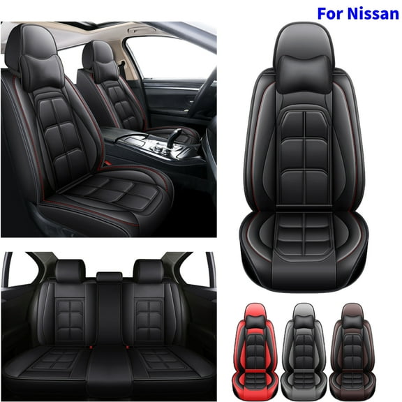 For 2010-2024 Nissan Sentra Kicks Car Seat Covers,5-Seat PU Leather Cushion Protector, Full Set Front Back Seat Cover with 2 Pillows for Nissan Rogue Altima Black&Red Line