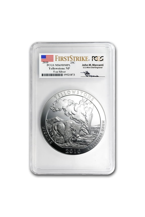 2010 5 oz Silver ATB Yellowstone MS-69 DMPL PCGS (FS, Mercanti)