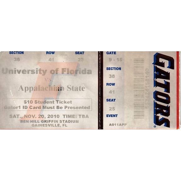 2010 Florida Gators vs Appalachian State football ticket stub (Urban Meyer last home game)