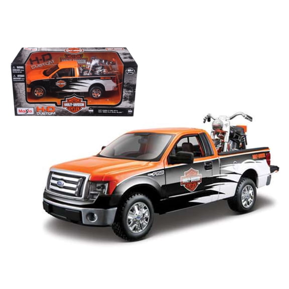 2010 Ford F-150 STX Harley Davidson Orange/White 1/27 and 1/24 1958 FLH Duo Glide Motorcycle by Maisto