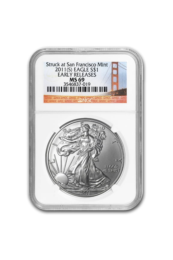 2011 (S) Silver Eagle MS-69 NGC (ER, Golden Gate Bridge Label)