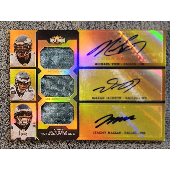 2011 Triple Threads Game-Used Jersey Jeremy Maclin DeSean Jackson Michael Vick #TTARC-1 Gold /9