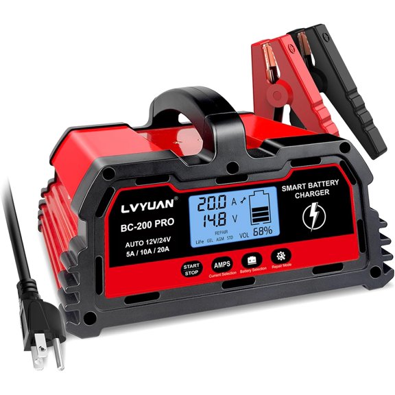 2012/24 Battery Charger, Smart Automotive Battery Charger with Trickle Charger, 124 Charger, Automotive Battery Maintainer with Display, Suitable for Trucks, Motorcycles