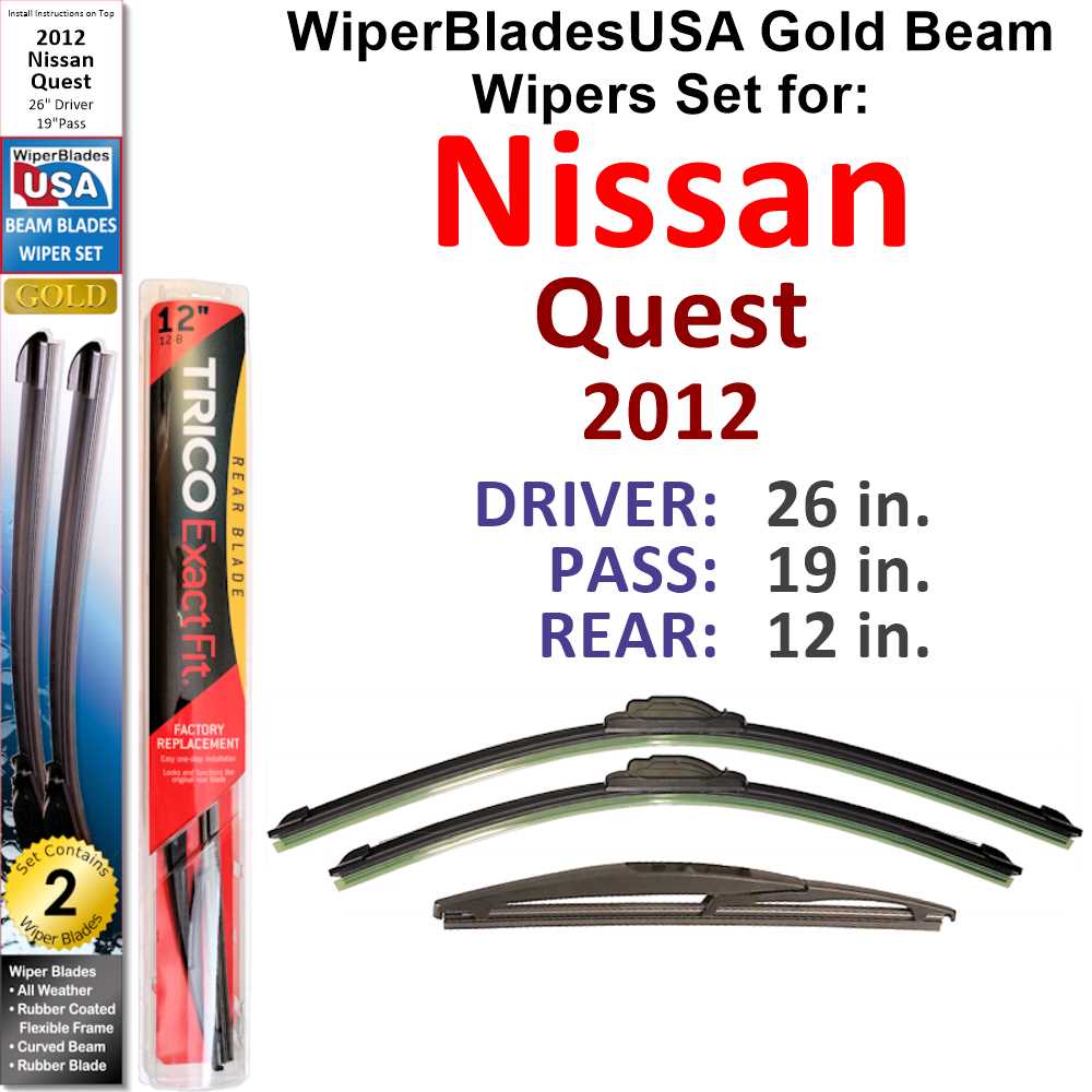 2012 Nissan Quest compatible Beam Wiper Blades Wipers WBUSA (Set of 3