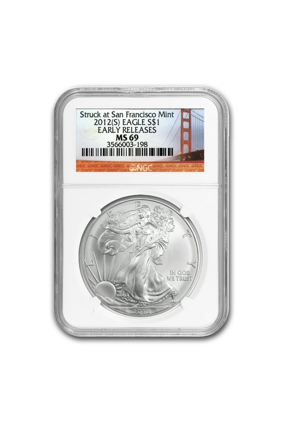 2012 (S) Silver Eagle MS-69 NGC (ER, Golden Gate Bridge Label)