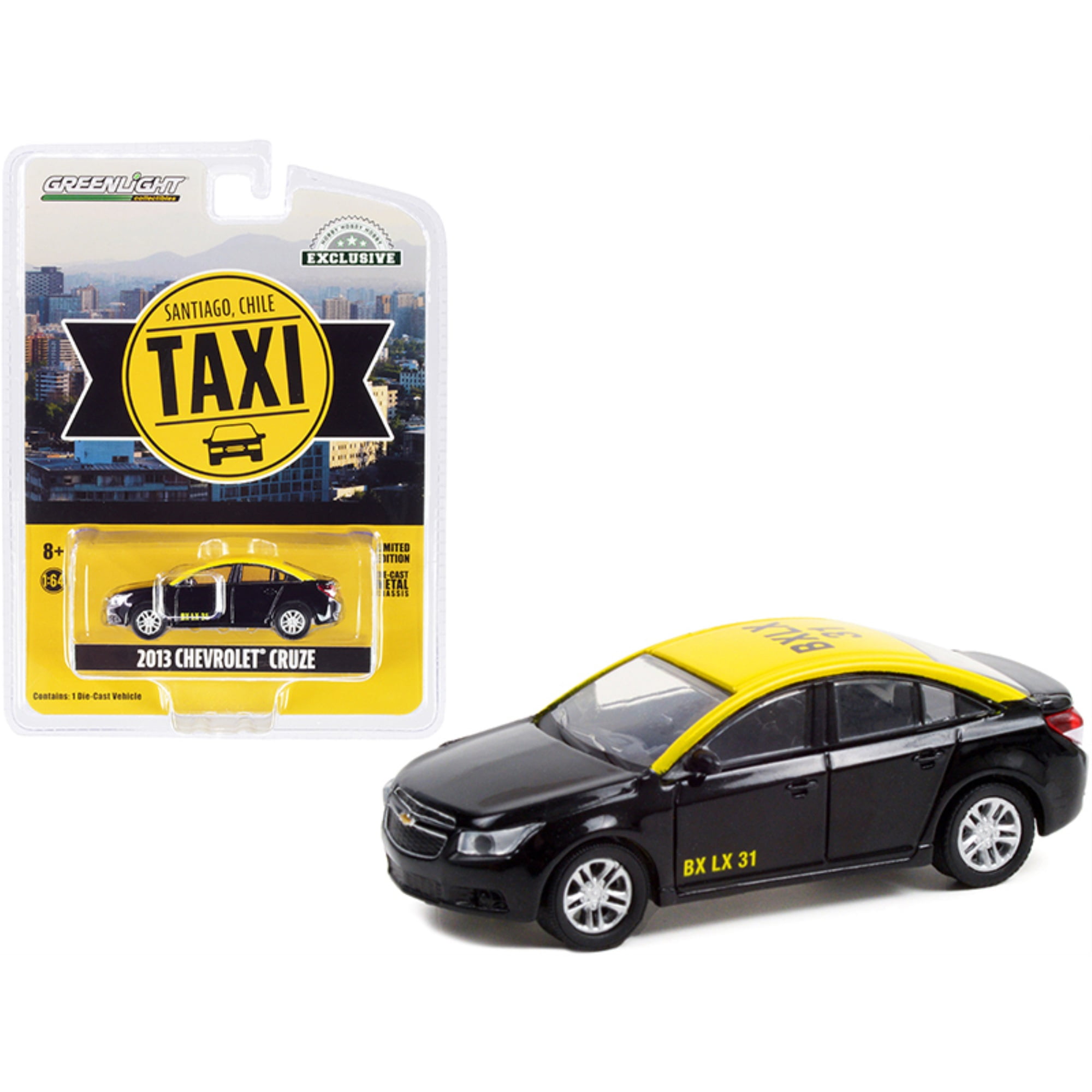 2013 Chevrolet Cruze Black with Yellow Top "Taxi" Santiago (Chile) "Hobby Exclusive" 1/64 Diecast Model Car by Greenlight