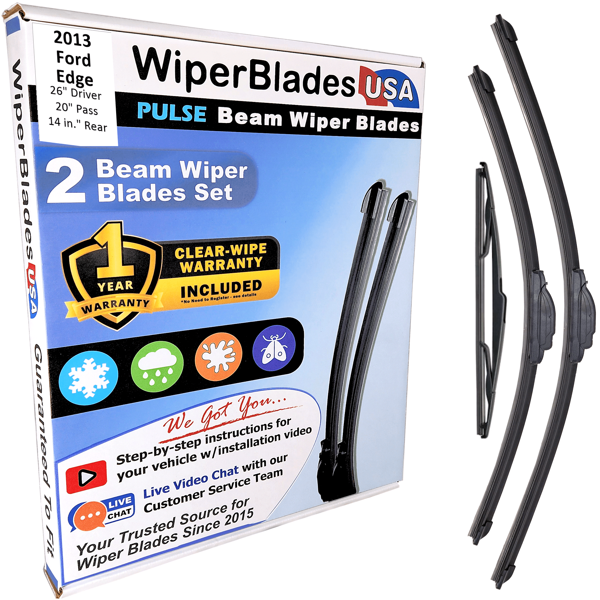 2013 Ford Edge Beam Wiper Blades Wipers w/1yr Warranty (Set of 3) w/Rear Wiper (WiperBladesUSA)