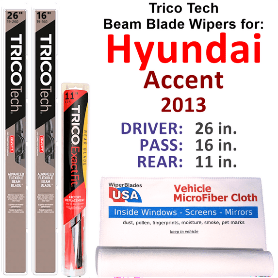 2013 Hyundai Accent Beam Blade Wipers (Set of 3) w/Rear Wiper