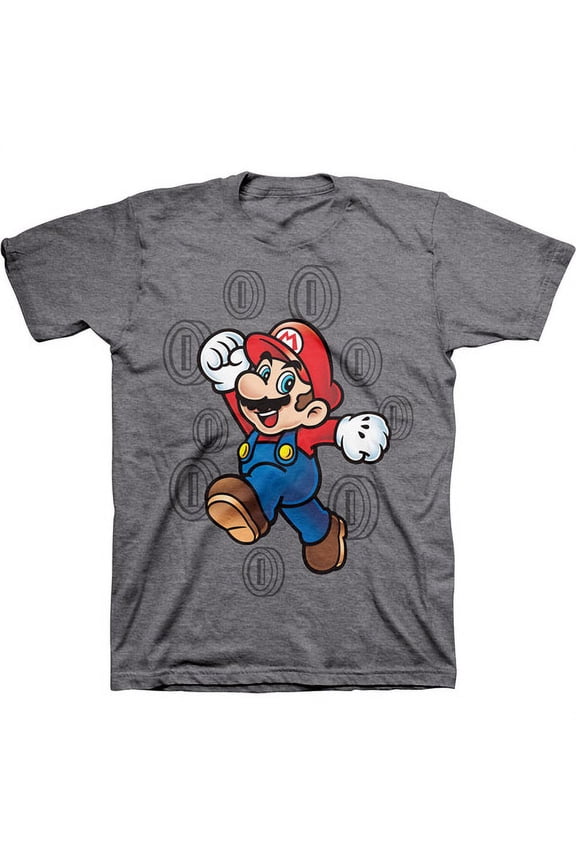 2013 Nintendo Super Mario Boys Charcoal Heather Cotton Tee Mario Coin Size 8 Medium