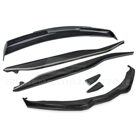 For 2014-2019 Corvette C7 Z06 Stage 2 Style Carbon Fiber Front Bumper Lip Splitter Side End Caps + Side Skirts Rocker Panels & Stage 3 Painted Carbon Flash Rear Spoiler Smoke Tinted WickerBill