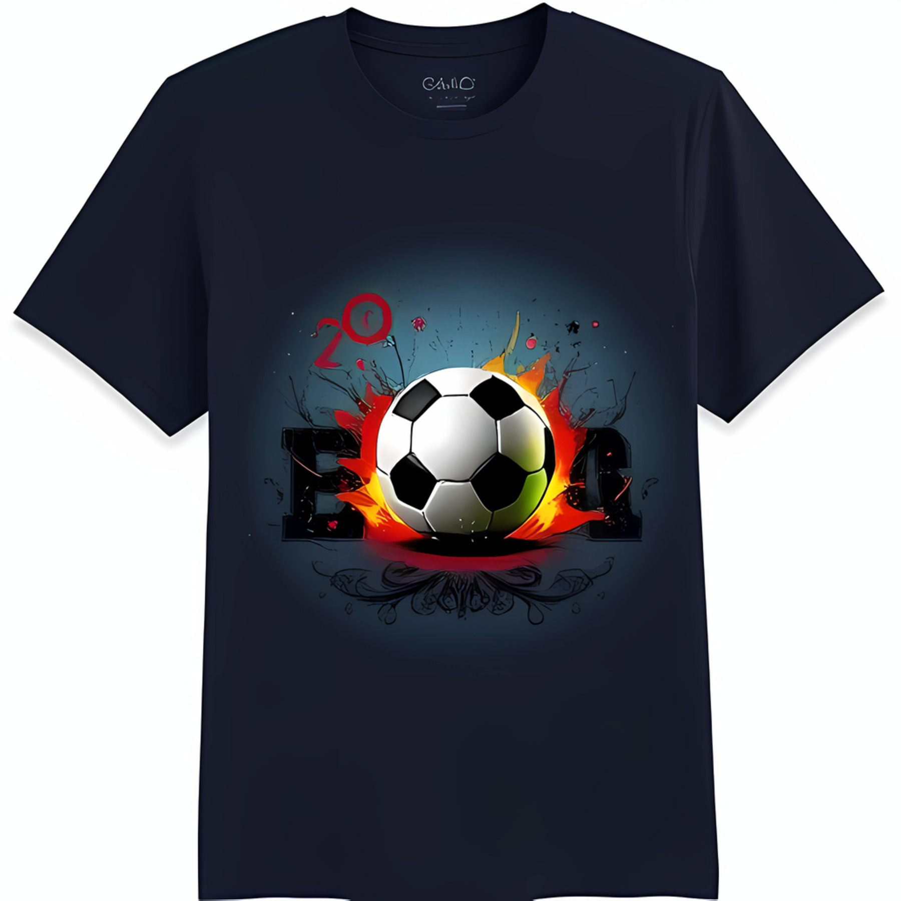 2014 Blue TShirt with Soccer Ball in Flames Graphic Print