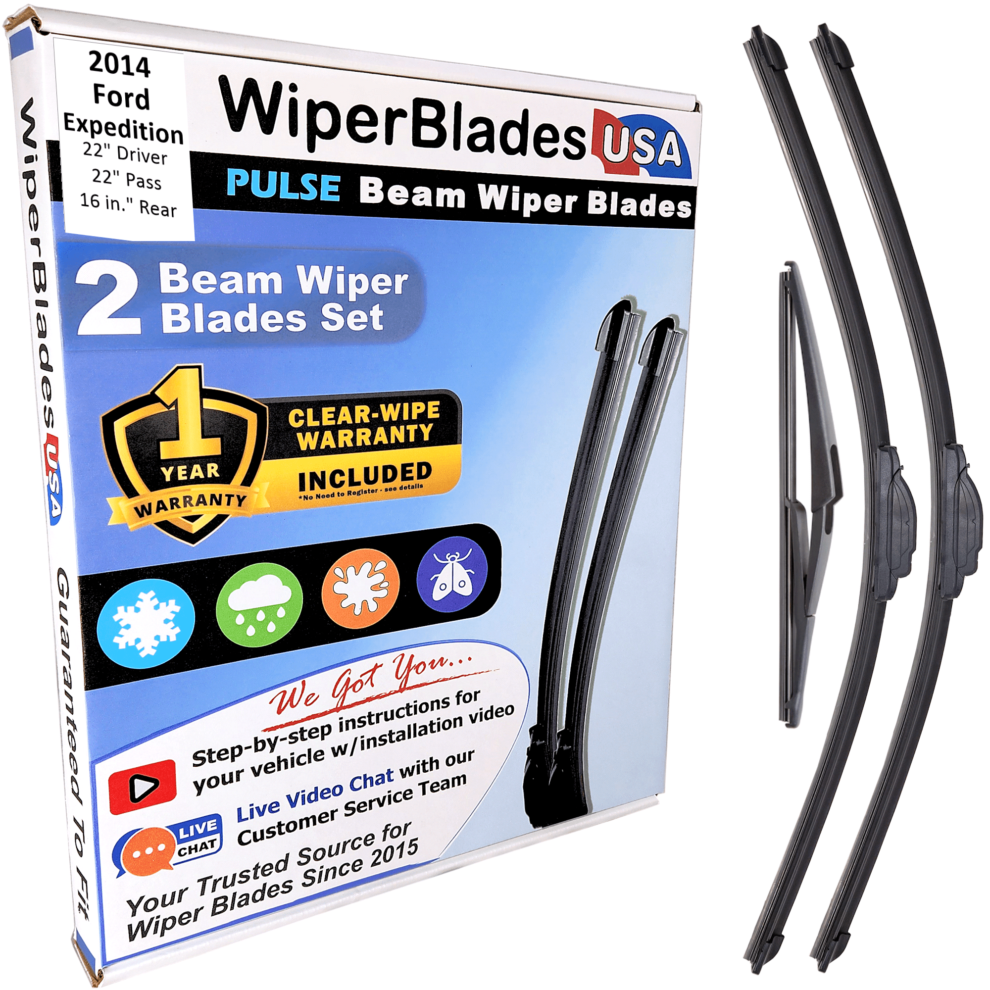 2014 Ford Expedition Beam Wiper Blades Wipers w/1yr Warranty (Set of 3) w/Rear Wiper (WiperBladesUSA)