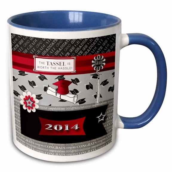 3drose, 2014 Graduation Cap and Diploma, the Tassel Is Worth the Hassel, Red, 11oz Two-tone Blue Mug