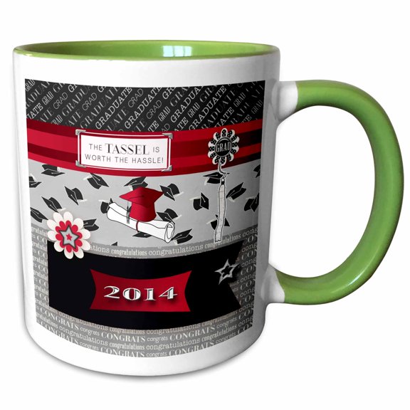 3drose, 2014 Graduation Cap and Diploma, the Tassel Is Worth the Hassel, Red, 11oz Two-tone Green Mug