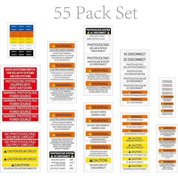 2014 NEC 55 Pieces Pack Premium Solar PV System Labels -Serial 3- UV Resistant Solar PV Stickers Photovoltaic System Warning Durable UV Ink Printed PV Label for Electrical Panel Installer Kits