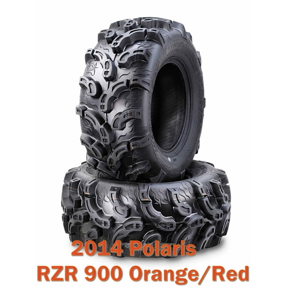 2014 Polaris RZR 900 Orange/Red ATV Front Tire Set 27x9-12 Super Lug Mud