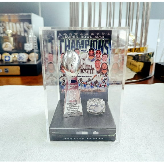 2014 Seattle S H Sup Bo XL VIII Championship Replica Trophy+ Ring with Display Case Trendy Accessory Durable Collectible Championship Gift For Christmas Halloween Gifts.