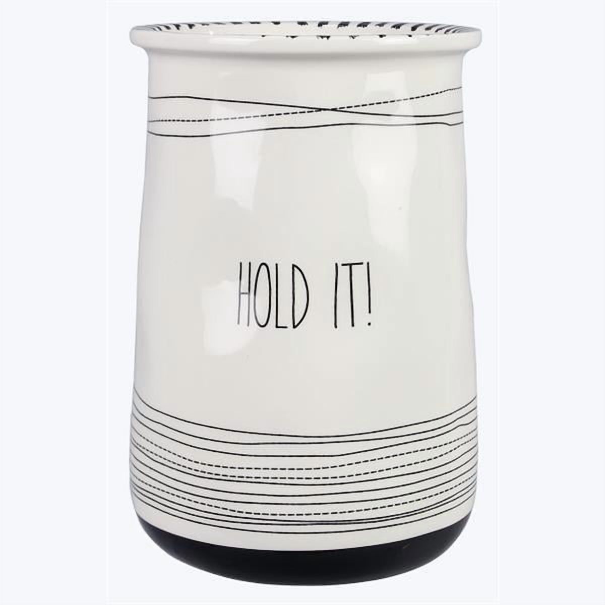 20142 - Young's Inc CERAMIC BLACK AND WHITE UTENSIL HOLDER/CROCK