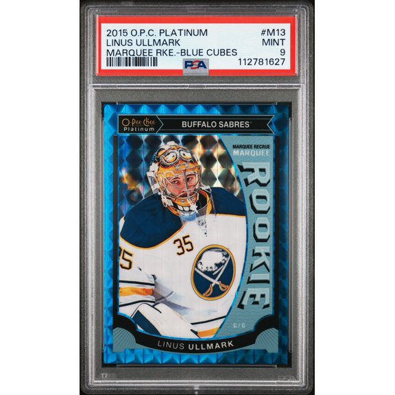 2015-16 O-Pee-Chee Platinum Marquee Rookies Linus Ullmark #M13 Blue Cubes /75 Rookie PSA 9