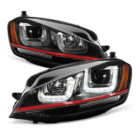 2015-2017 VW Golf/GTI VII MK7 LED Tube DRL Projector Headlights w/ Red Trim Set