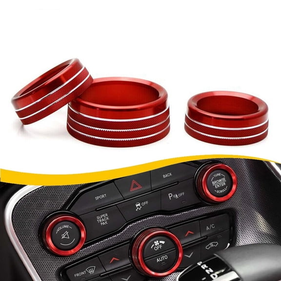 for 2015-2020 Dodge Challenger Charger 2016-2020 Durango 2013-2018 Ram 1500 2500 3500 2015-2020 Chrysler 300 300s Aluminum Alloy Interior AC Radio Switch Knob Ring Decorative Cover Trim Red 3PCS