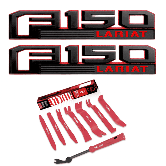 AutoJeweler Fender Emblem Set for 20152020 Ford F-150 LARIAT, OEM Style Red & Black Nameplate Badges, 2-Pack, 10.5" x 2.2"