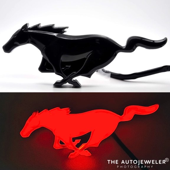 Autogem Black LED Mustang Tailgate Emblem - Illuminated Red Pony Logo, 1 Pack, 8" x 3" x 2"