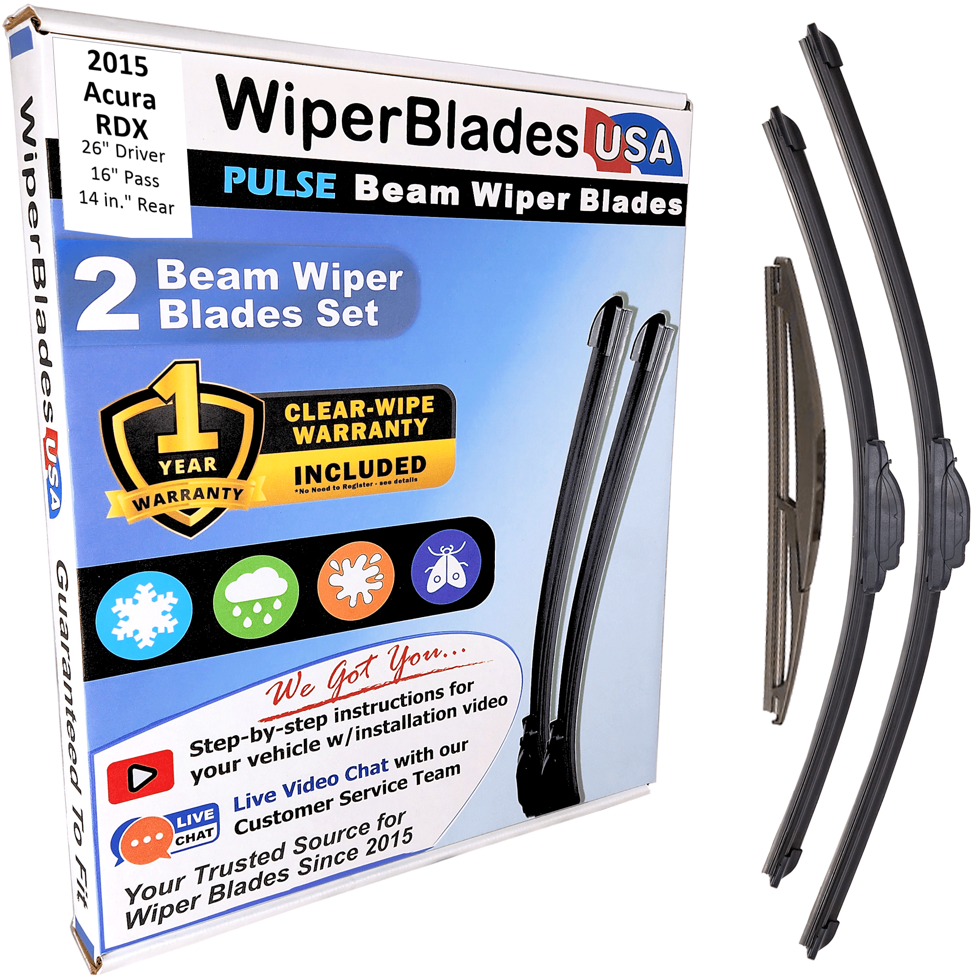 2015 Acura RDX Beam Wiper Blades Wipers w/1yr Warranty (Set of 3) w/Rear Wiper (WiperBladesUSA)