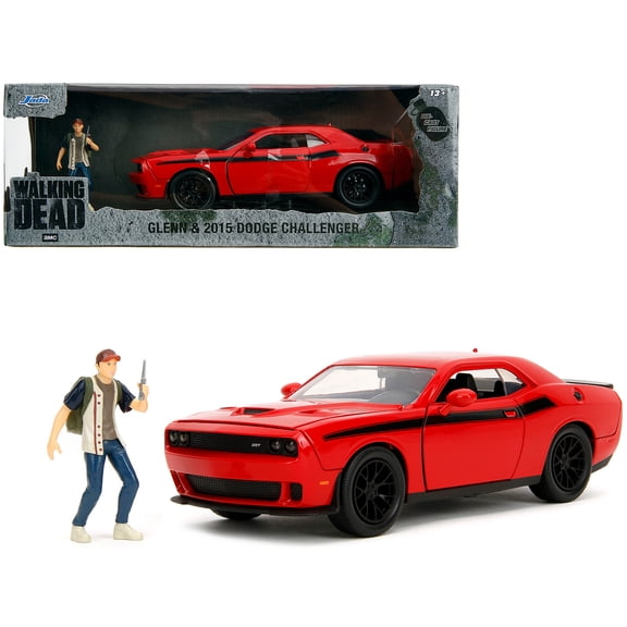 2015 Dodge Challenger Red with Black Stripes and Glenn Diecast Figure "The Walking Dead" (2010-2022) TV Series "Hollywood Rides" Series 1/24 Diecast Model Car by Jada