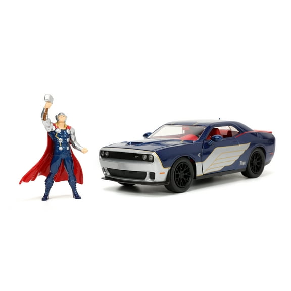 2015 Dodge Challenger SRT Hellcat Dark Blue with Graphics and Red Interior and Thor Diecast Figure "The Mighty Thor" "Marvel" Series 1/24 Diecast Model Car by Jada