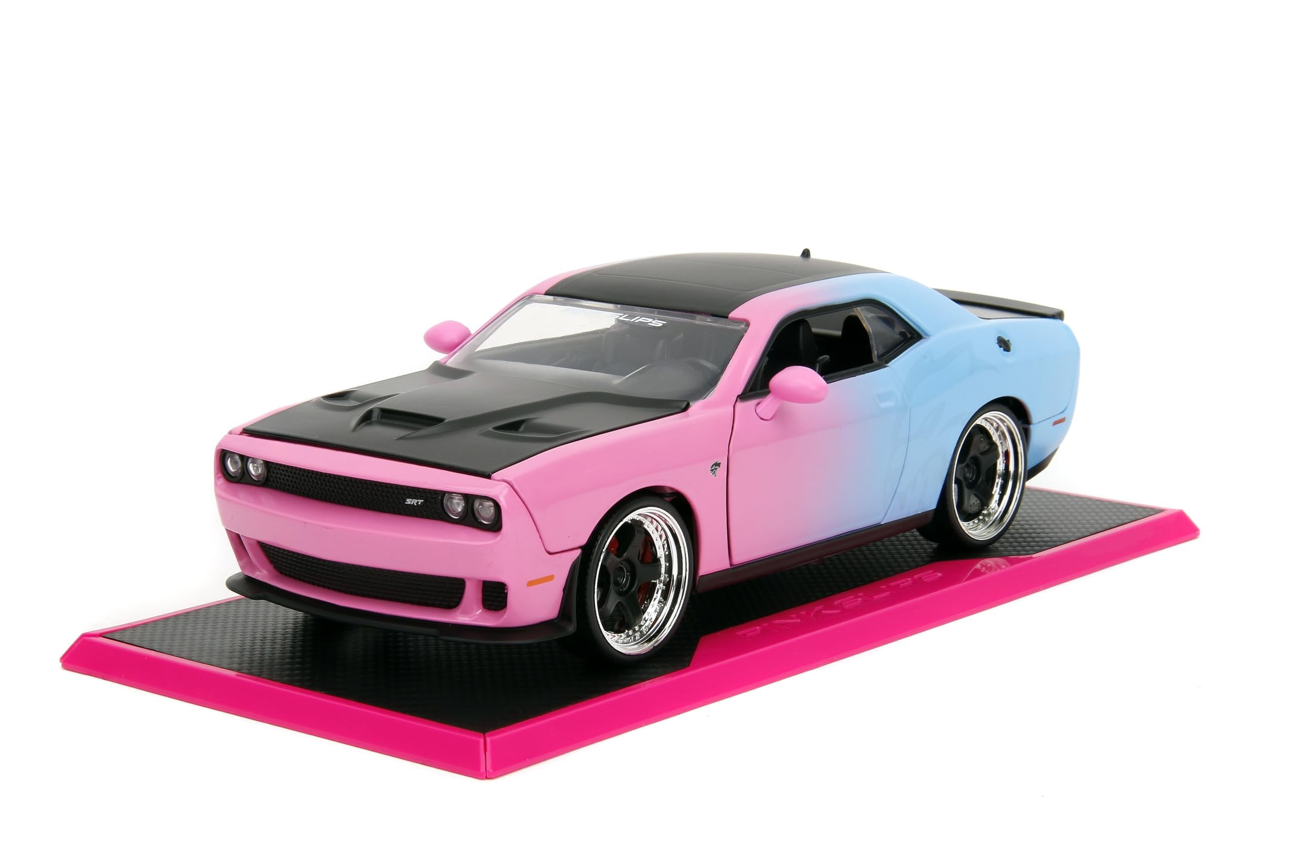 Pink Slips 1:24 W5 2015 Dodge Challenger SRT Hellcat Die-Cast Car w/Base, Toys for Kids and Adults(Pink/Blue Gradient)