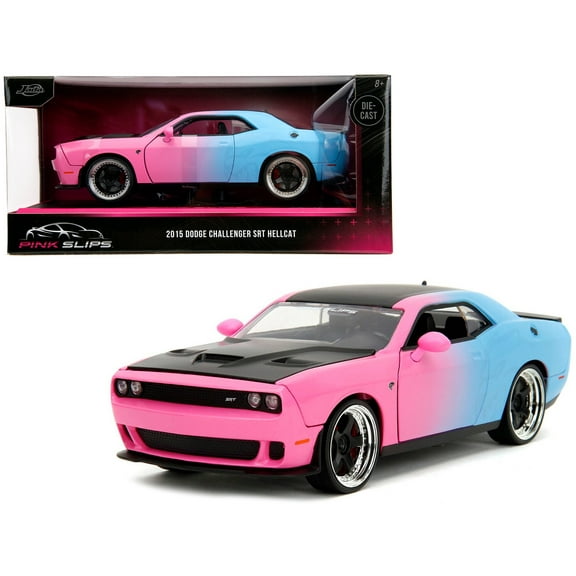 2015 Dodge Challenger SRT Hellcat Pink and Blue Gradient with Matt Black Hood and Top "Pink Slips" Series 1/24 Diecast Model Car by Jada