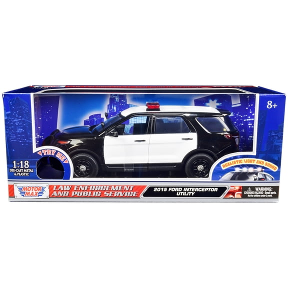 2015 Ford Police Interceptor Utility Black and White with Flashing Light Bar and Front and Rear Lights and 2 Sounds 1/18 Diecast Model Car by Motormax