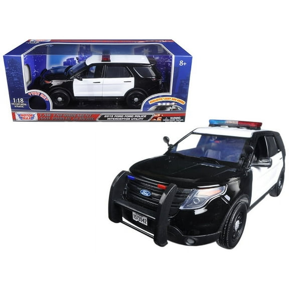 2015 Ford Police Interceptor Utility Black and White with Flashing Light Bar and Front and Rear Lights and 2 Sounds 1 18 Diecast Model Car by Motormax