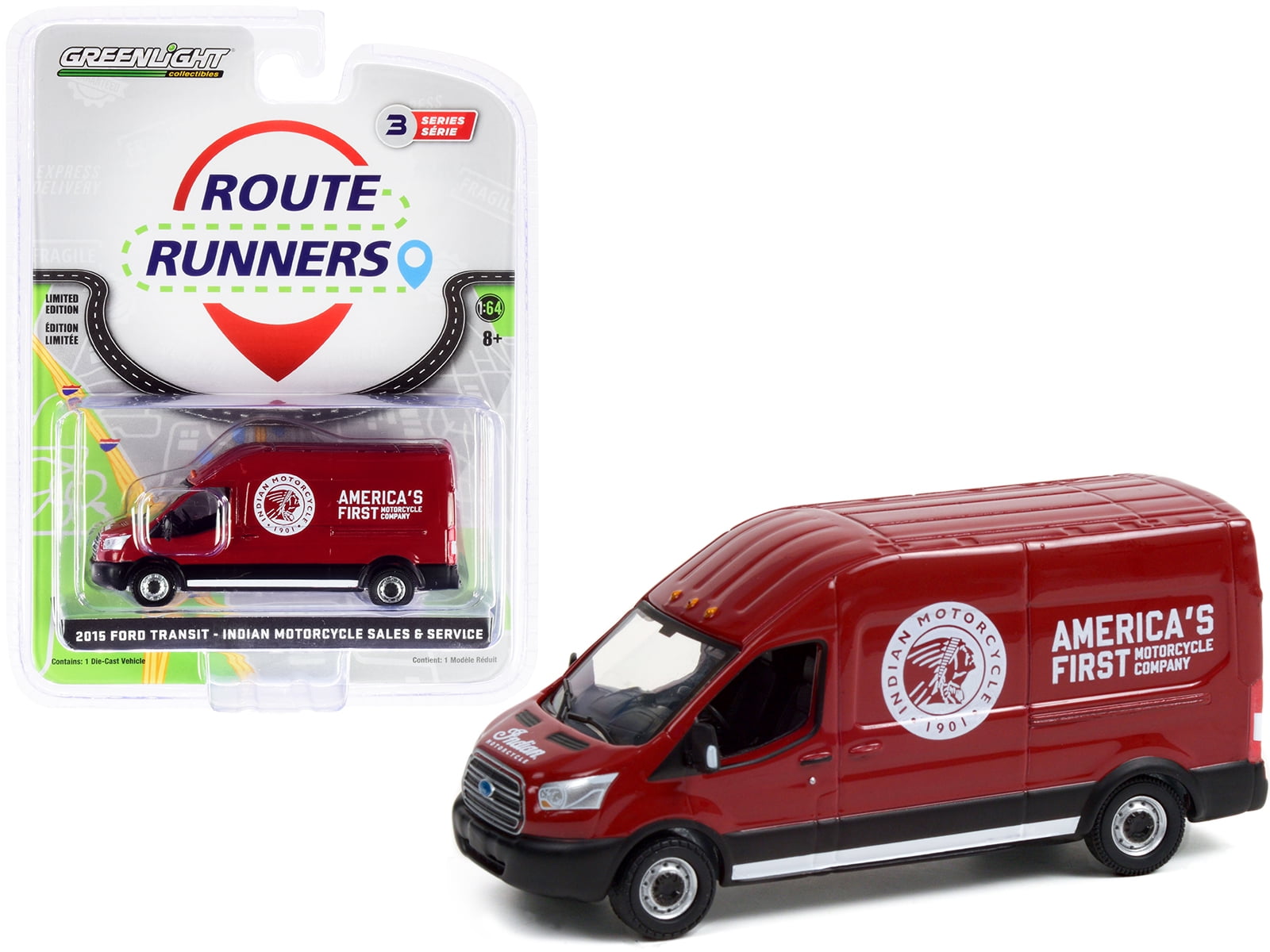 2015 Ford Transit LWB High Roof Van Burgundy "Indian Motorcycle Sales & Service" Route Runners 1/64 Diecast Model by Greenlight