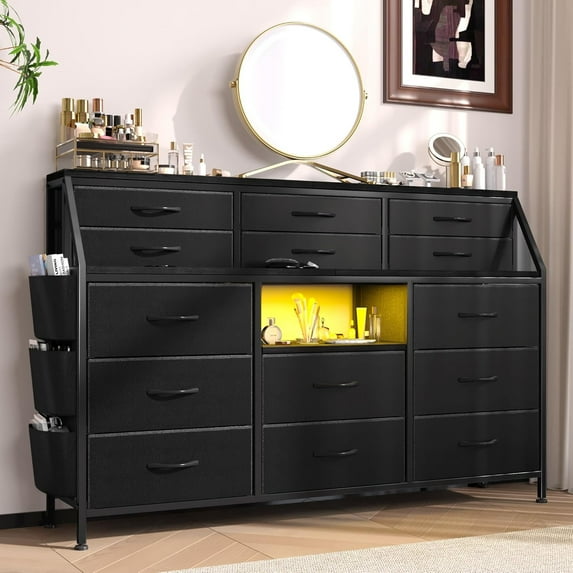 2025 New Dresser for Bedroom with 14 Drawers, 55" W Dresser with Side Pocket, Fabric Dressers & Chests of Drawers with Shelves