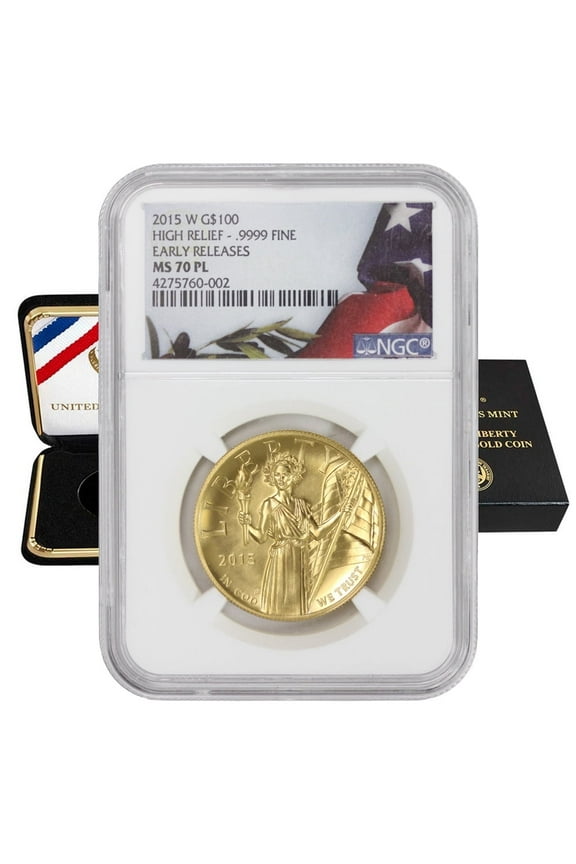 2015-W 1oz American Gold High Relief Liberty Coin MS-70 Proof Like Early Releases Flag Label with Original Government Packaging $100 NGC MS70PL U.S. Mint