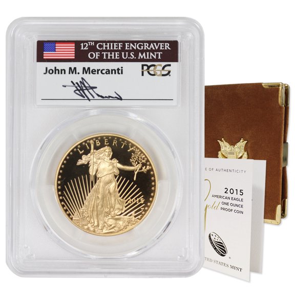 2015-W $50 Gold Eagle Proof Coin PCGS PR70DCAM First Day of Issue Mercanti Label U.S. Mint Box and CoA